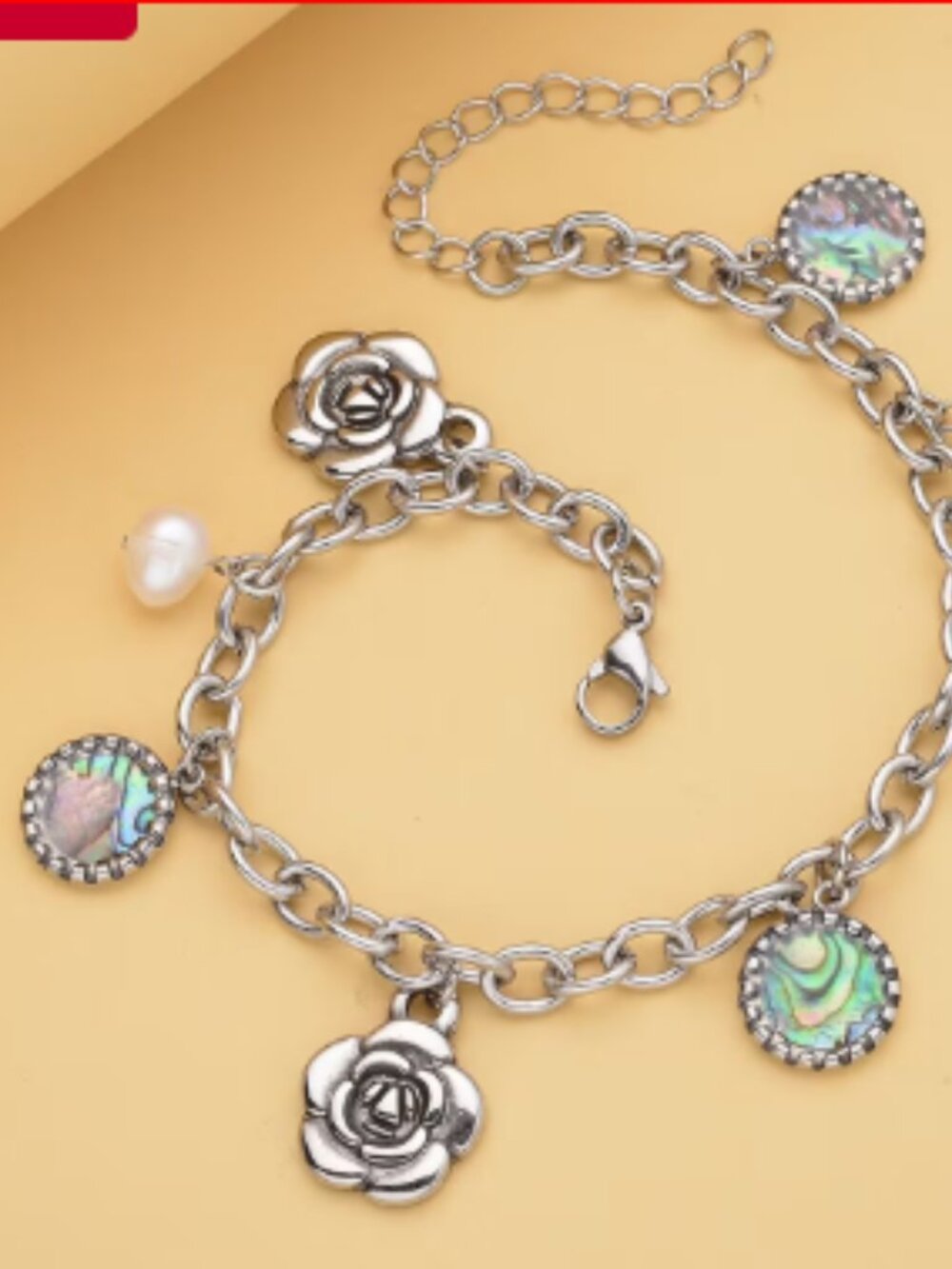 Abalone Shell and Freshwater Pearl Charm Anklet in Black Oxidized Stainless Stee